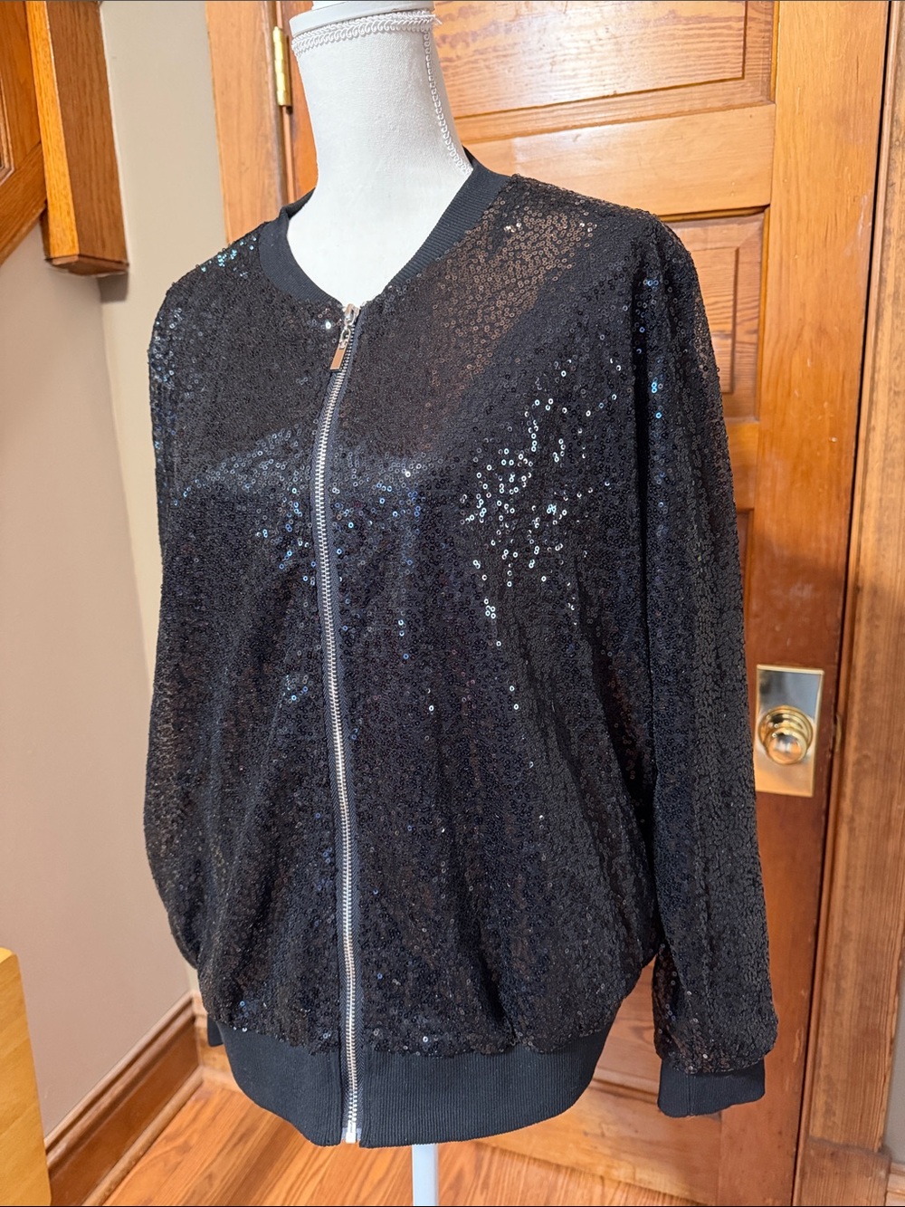 Kancy Kole Jacket Black Sequined Fill Zip Size XL